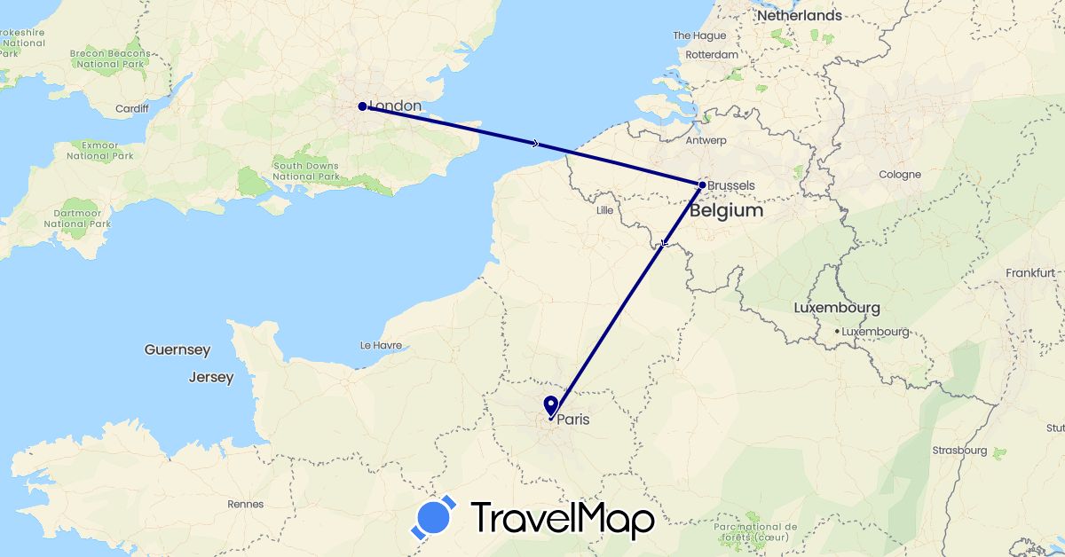 TravelMap itinerary: driving in Belgium, France, United Kingdom (Europe)